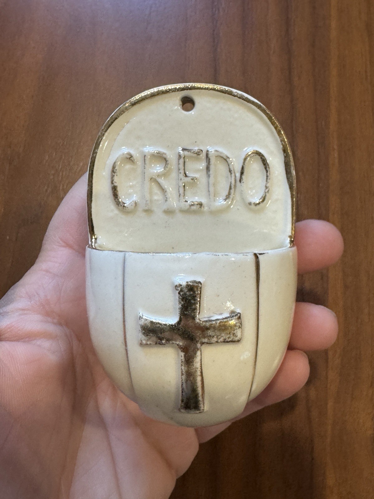 Holy Water Font Wall Mounted Christian Cross CREDO Vintage Ceramic
