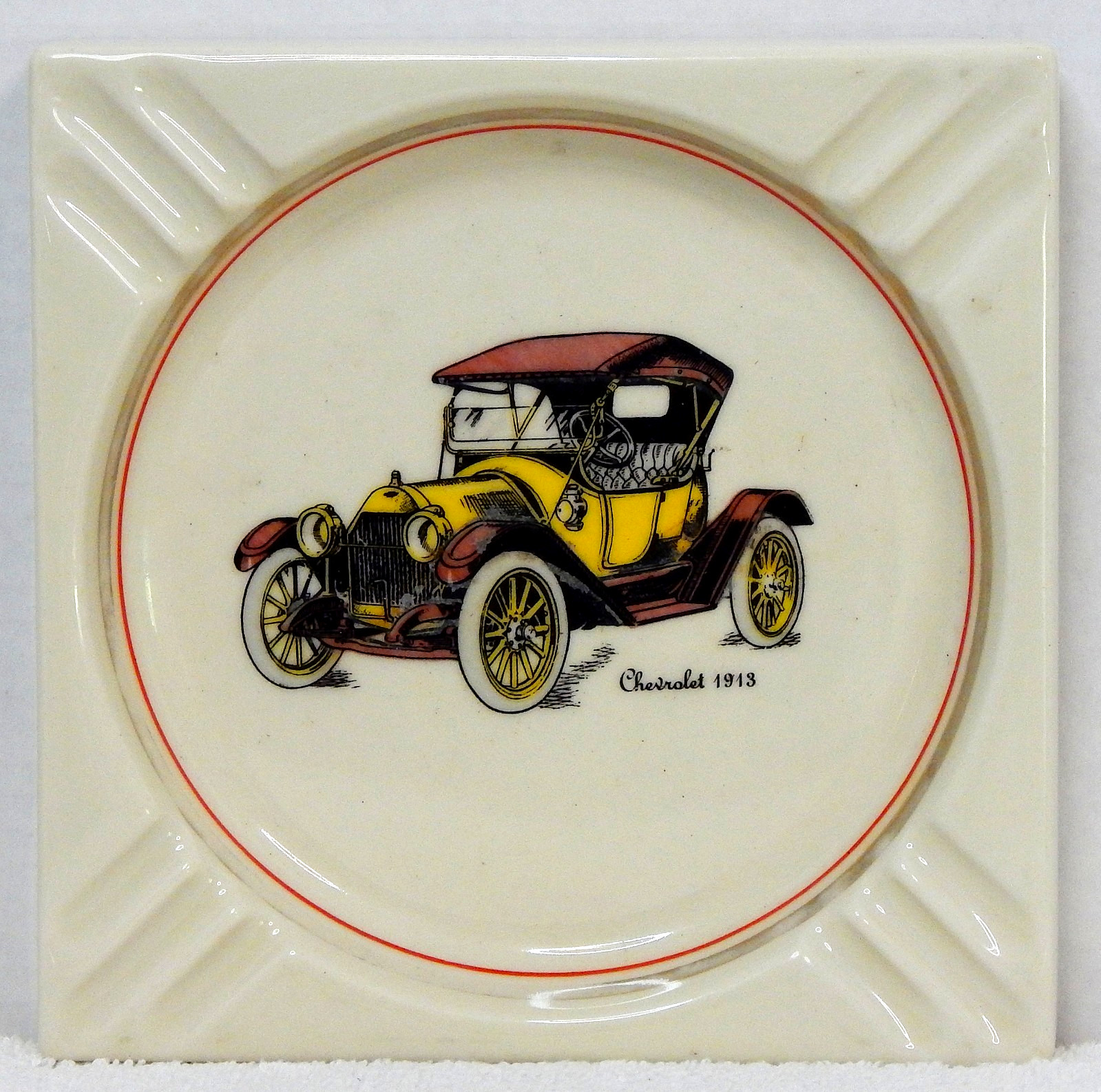Vintage Chevrolet 1913 Car Ceramic Ashtray Advertising Collectible Cream Yellow