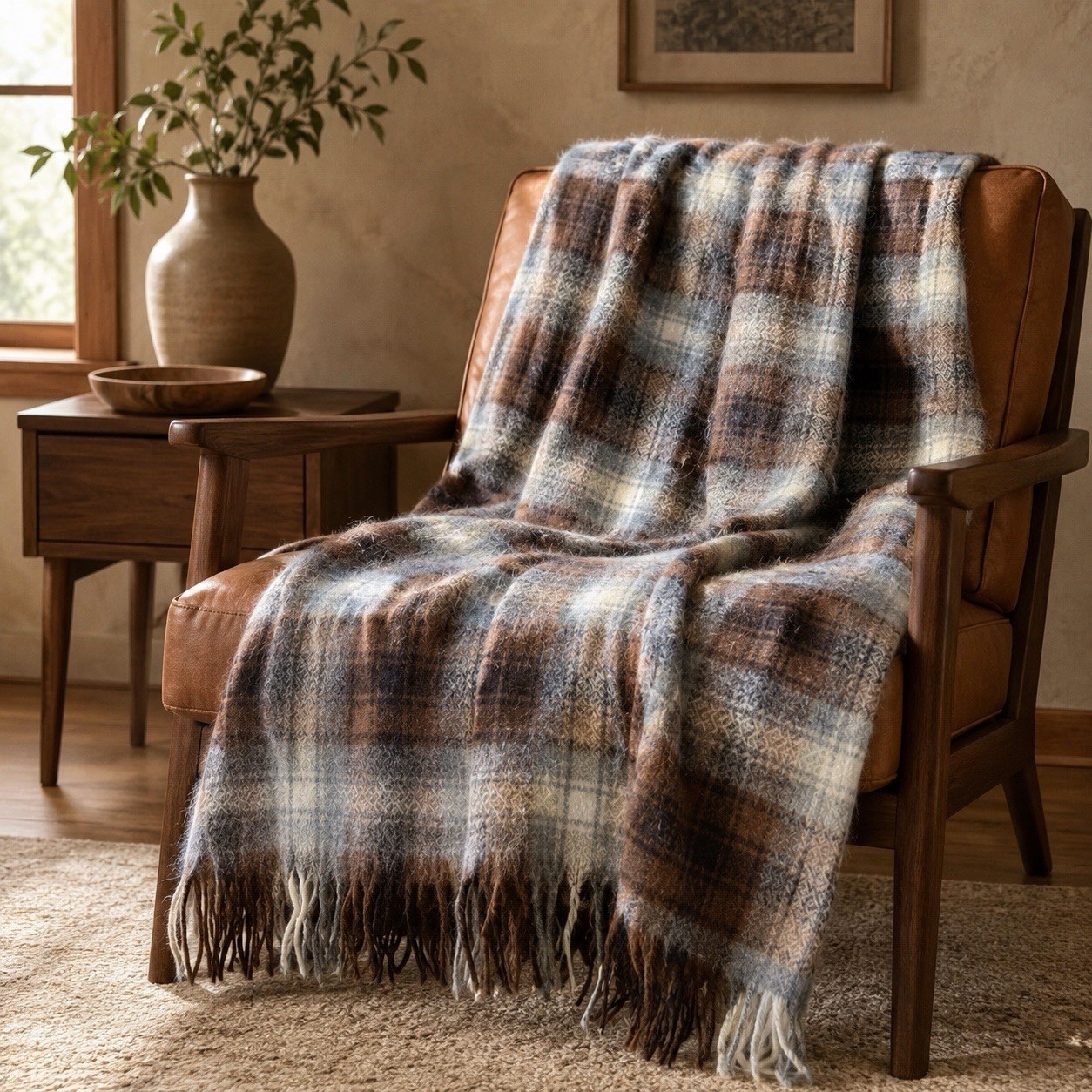 Vintage Fuzzy Wool  Throw Blanket Plaid Brown Gray 55x60 Fringe