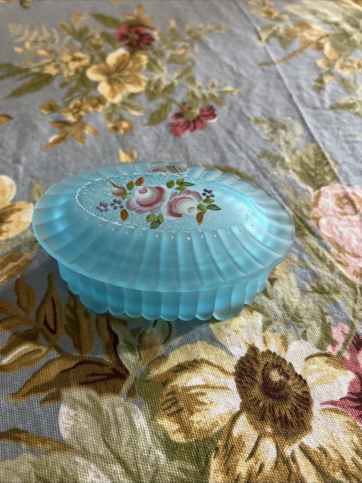 Fenton Hand Painted Blue Lidded Trinket Box, Sticker & Signed By K. Brightbill Fenton Hand Painted Blue Lidded Trinket Box, Sticker & Signed By K. Brightbill