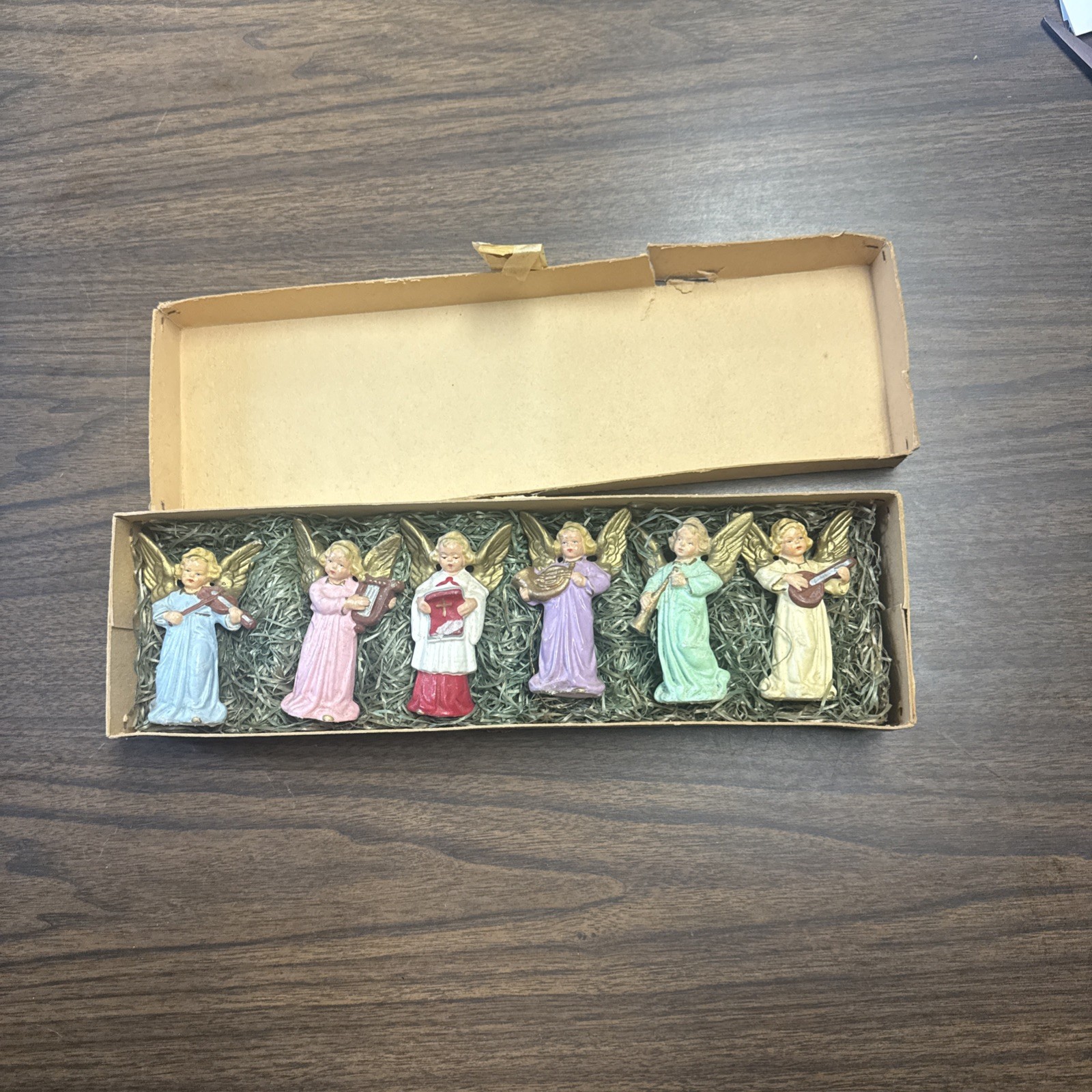 Vtg US Zone Germany Angel Figurines Set of 7 Musical Instruments Original Box
