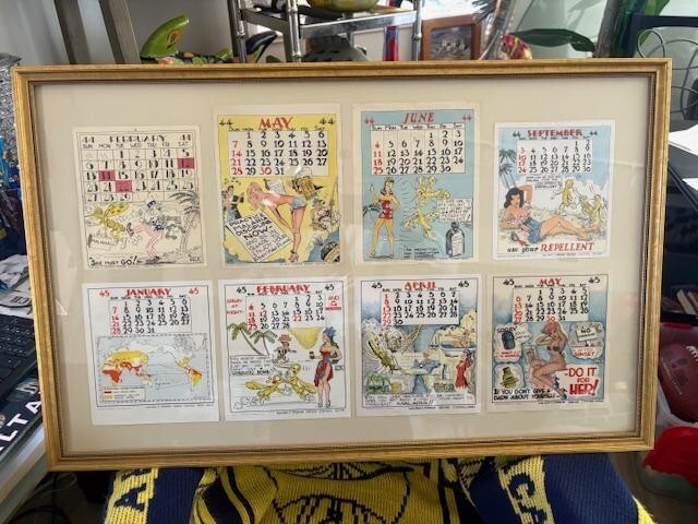 Rare LOT - VTG WW2 US Navy 1944/45 Pacific Theatre Calendar Pages (8) - Framed