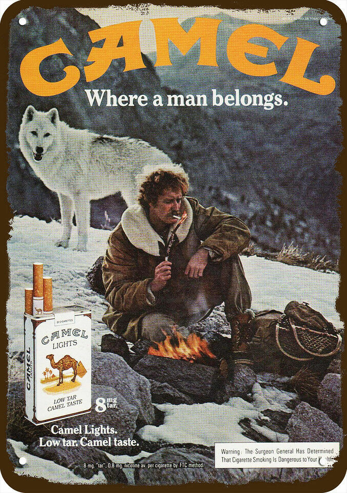 1981 CAMEL Cigarettes Camel Man & Wolf VintageLook DECORATIVE REPLICA METAL SIGN 1981 CAMEL Cigarettes Camel Man & Wolf VintageLook DECORATIVE REPLICA METAL SIGN