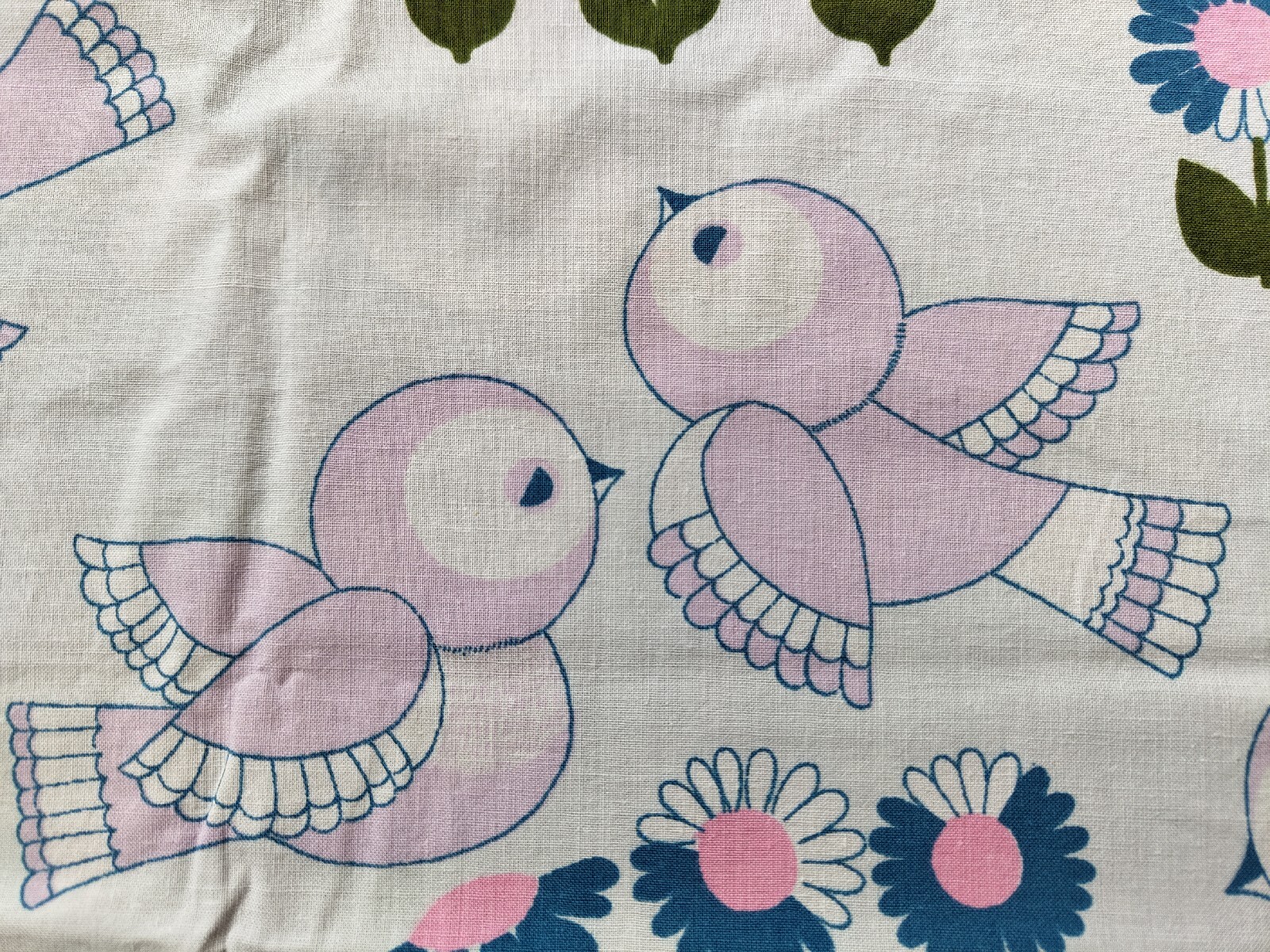 Vintage Fabric GDR Kids Bedding Birds Purple Fabric Remnant Cotton Sewing DIY 70s