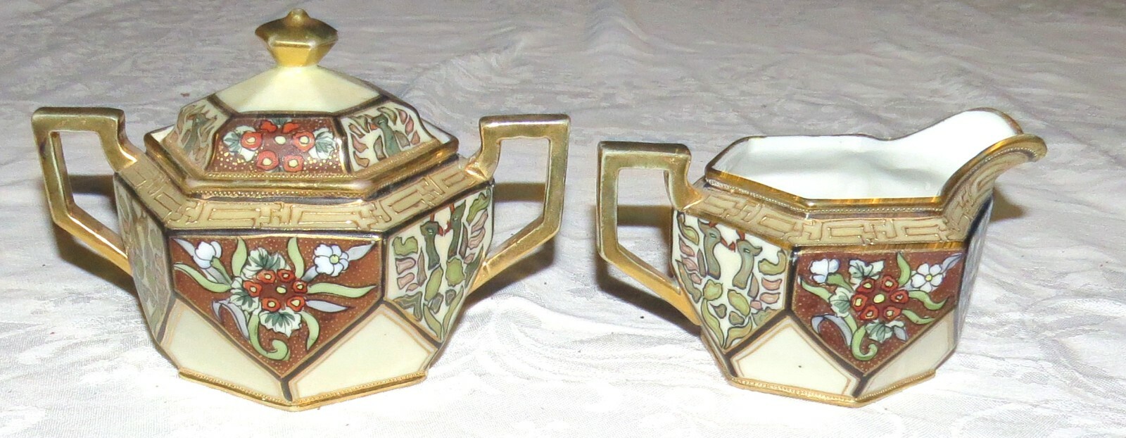Nippon Ornate Hand-painted 6-sided Creamer & Sugar
