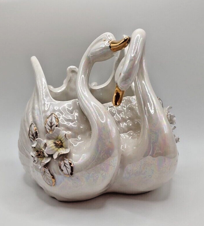 norcrest double swan lustre ceramic planter, roses & Gold accents