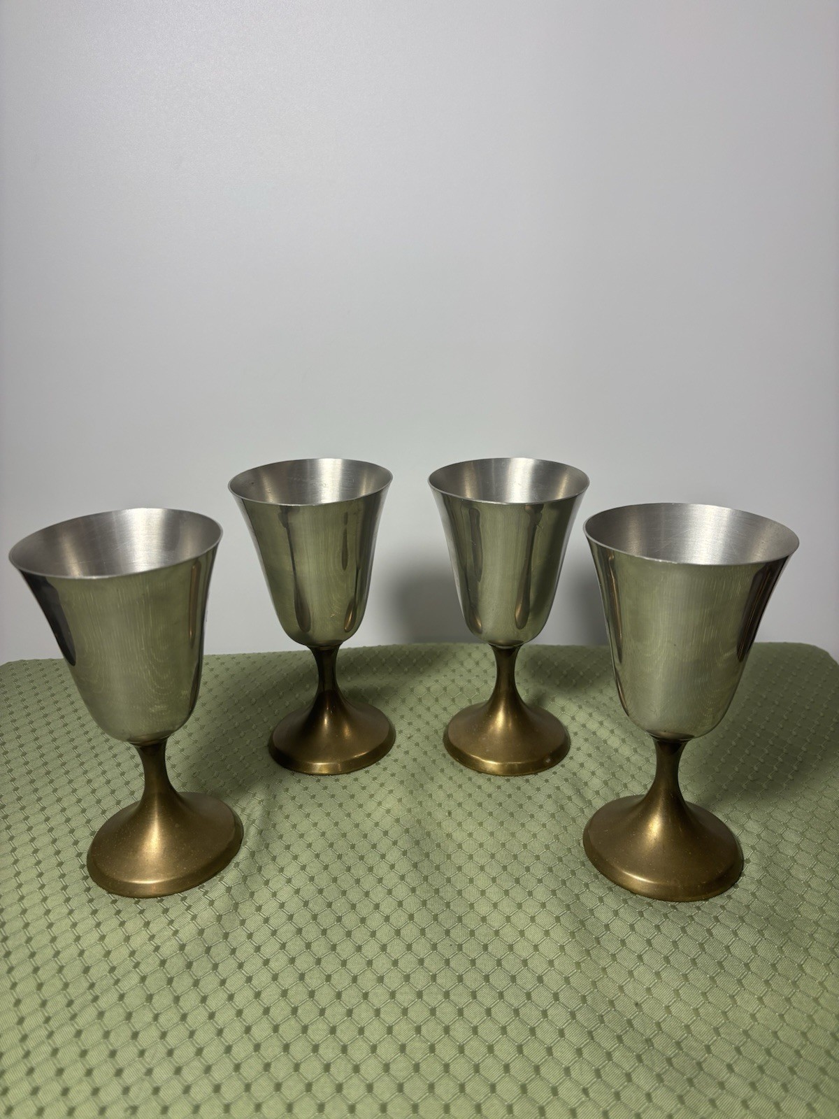 Stunning Pewter & Brass Stemmed Chalices. Set of 4.  Vintage.  GUC.