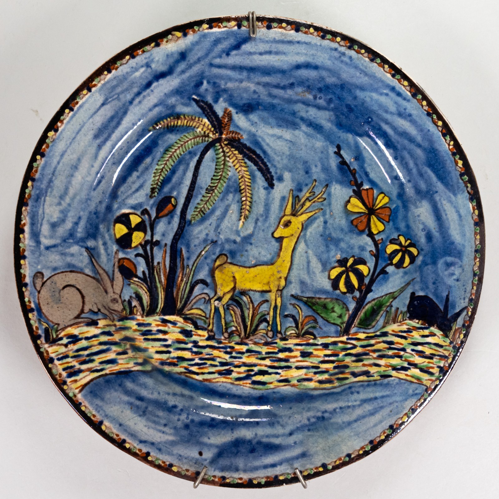 Vintage 1920/30's Tlaquepaque Mexican Washy Blue Pottery Deer Plate