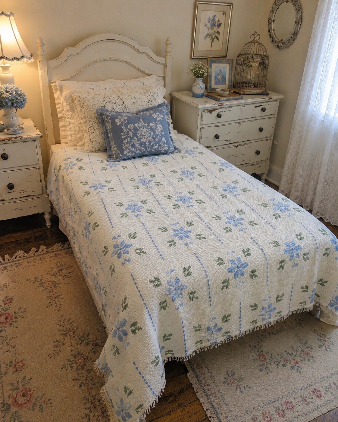 Amazing Vintage Blue White Green Chenille Bedspread Fringe Tufted Cottage Glam 