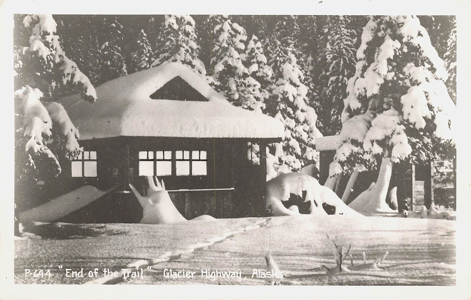 END OF THE TRAIL ON GLACIER HWY REAL PHOTO POSTCARD JUNEAU AK ALASKA 1940s RPPC
