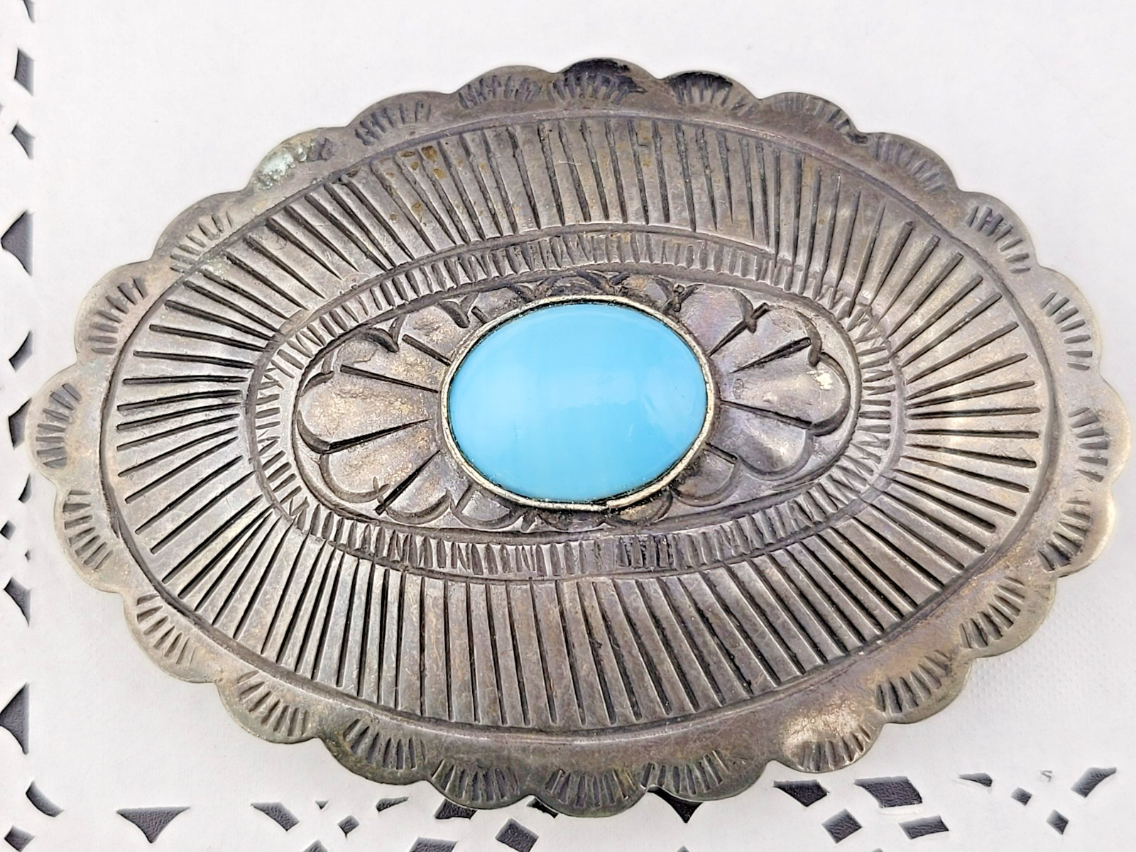 Antique 1850s Navajo Hand Stamped Silver over Brass Turquoise Glass Belt Buckle