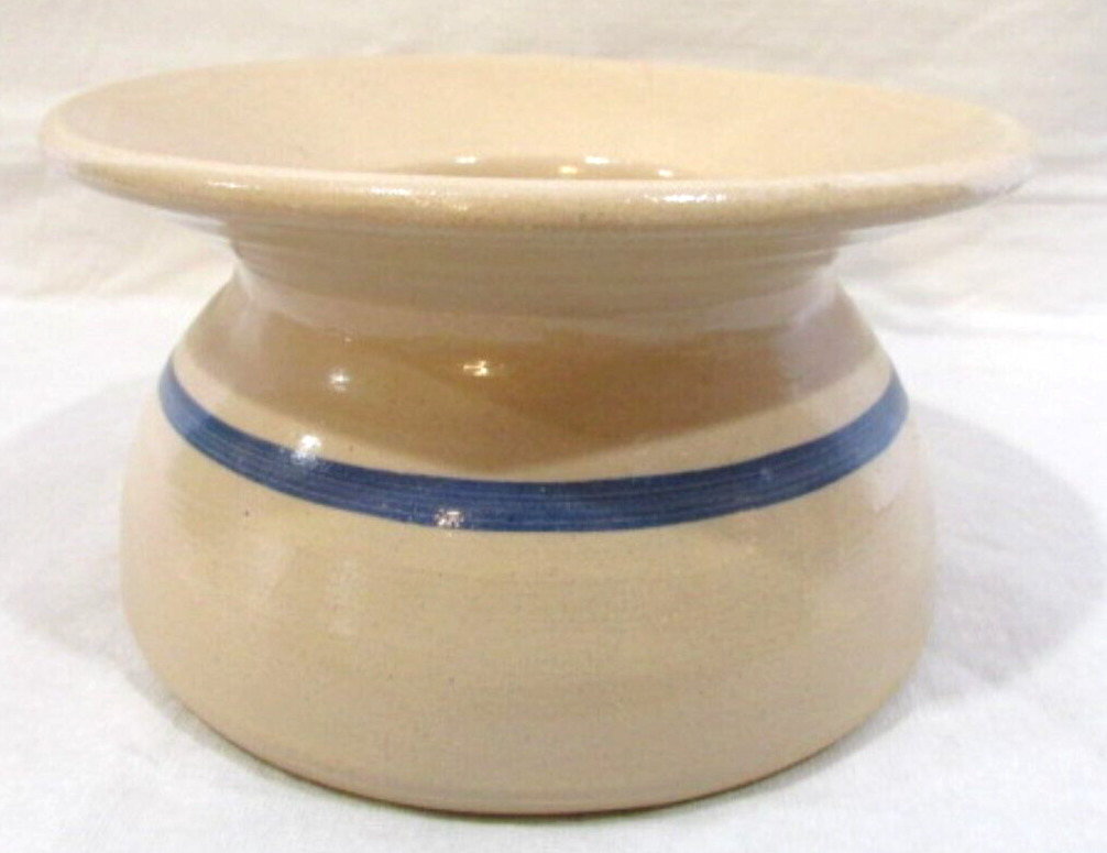 Vintage Pottery Spittoon Creme with Blue Stripe Crock Stoneware