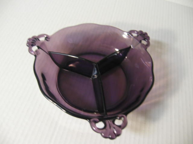 Vintage Purple Amethyst Glass Divided Relish or Candy Dish Bowl