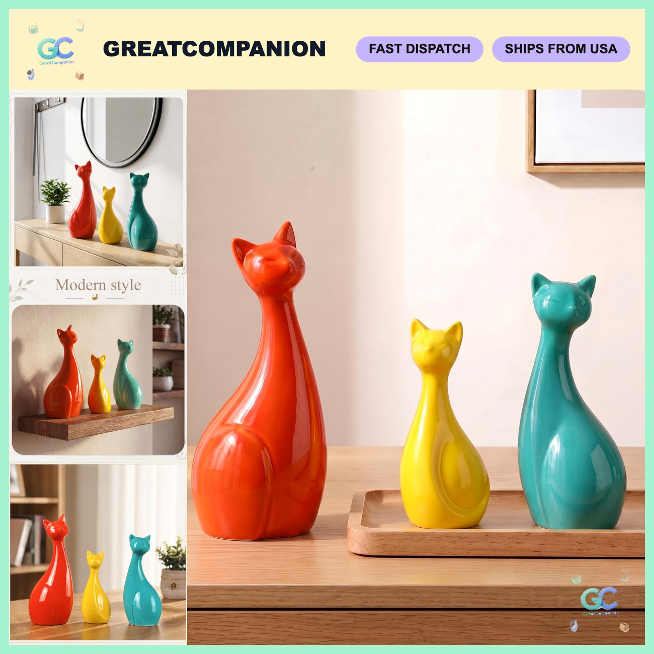 3 Pcs Mid Century Modern Ceramic Cat Figurines - Vintage Home Decor, Collectible