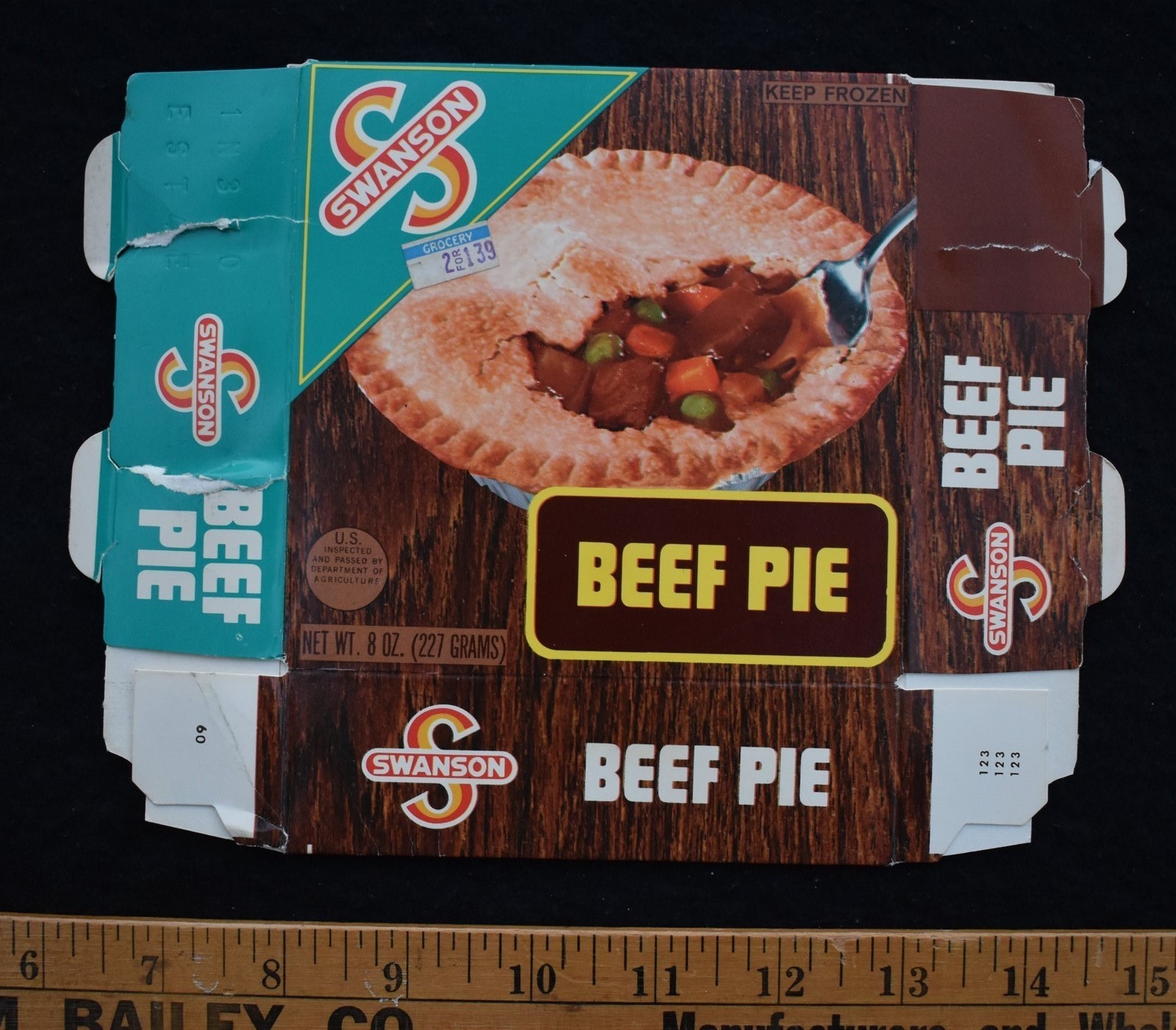 [ 1970s - 1980s Swanson Beef Pie - Vintage TV Dinner Box - Wood Panel Design ]