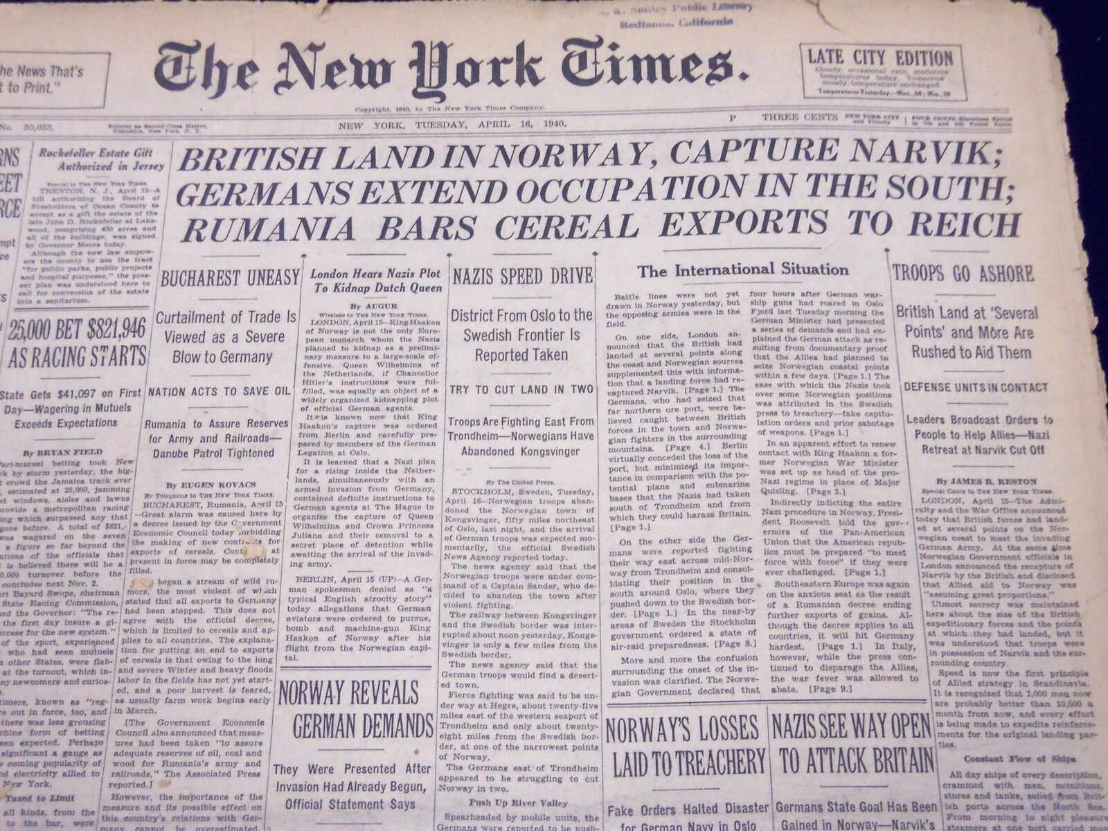 1940 APRIL 16 NEW YORK TIMES - BRITISH LAND IN NORWAY, CAPTURE NARVIK - NT 231