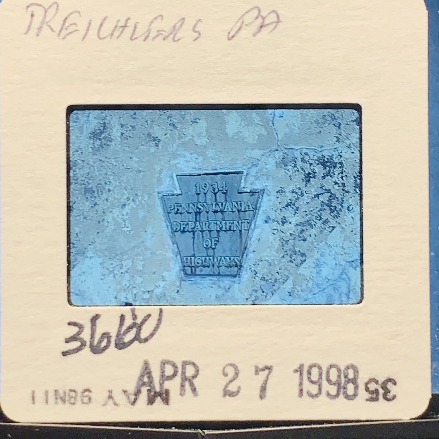 Vintage 35mm Slide 1934 Pennsylvania Department of Highways Plaque Preichlars PA