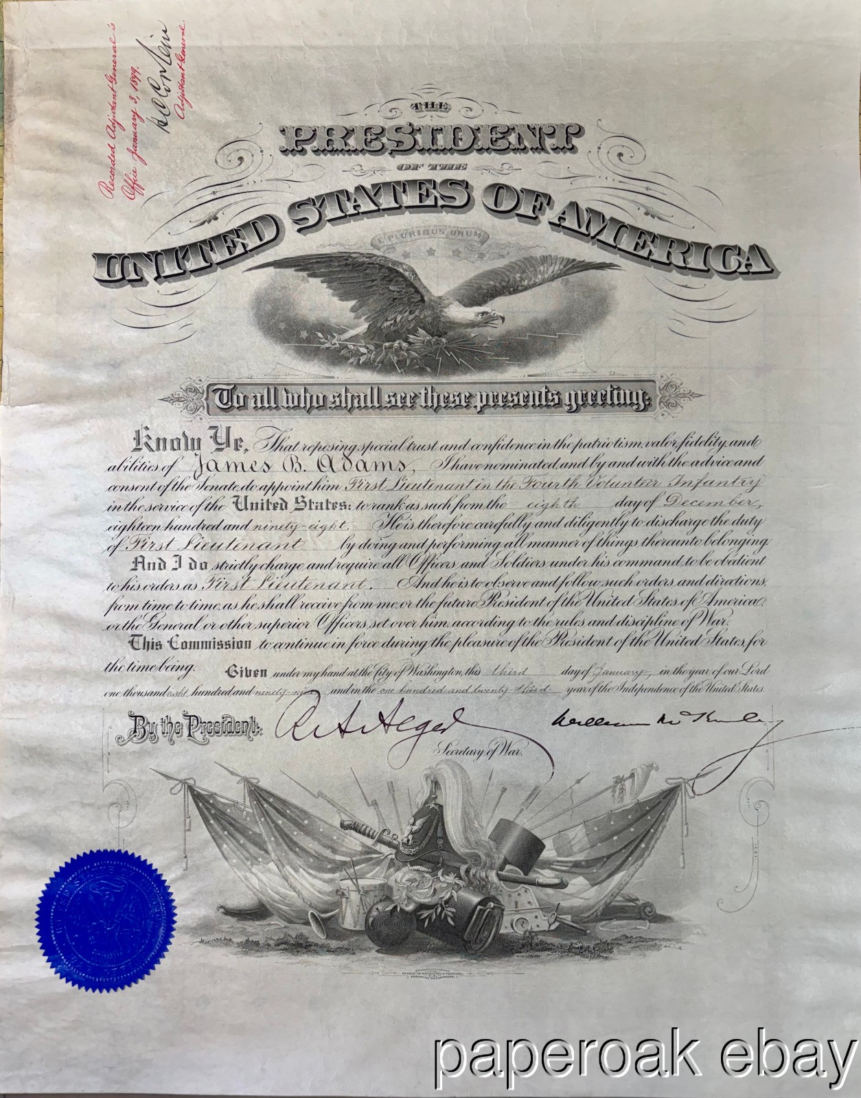 1898 President McKinley Signed Commision 1st Lieutenant 4th Volunteer Infantry