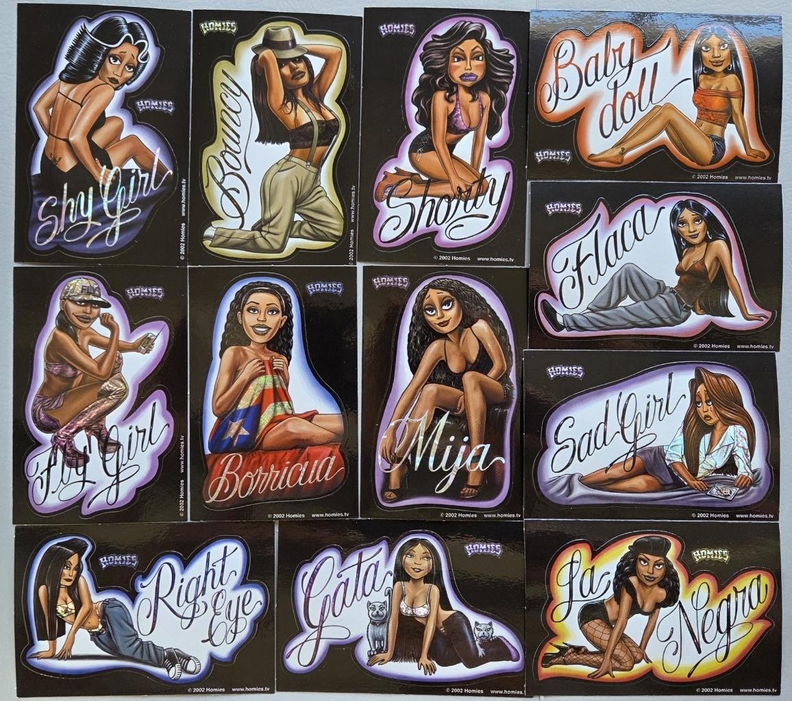 12 VTG 2002 Homies Pin-up Girls Vending Machine Stickers by David Gonzales NOS
