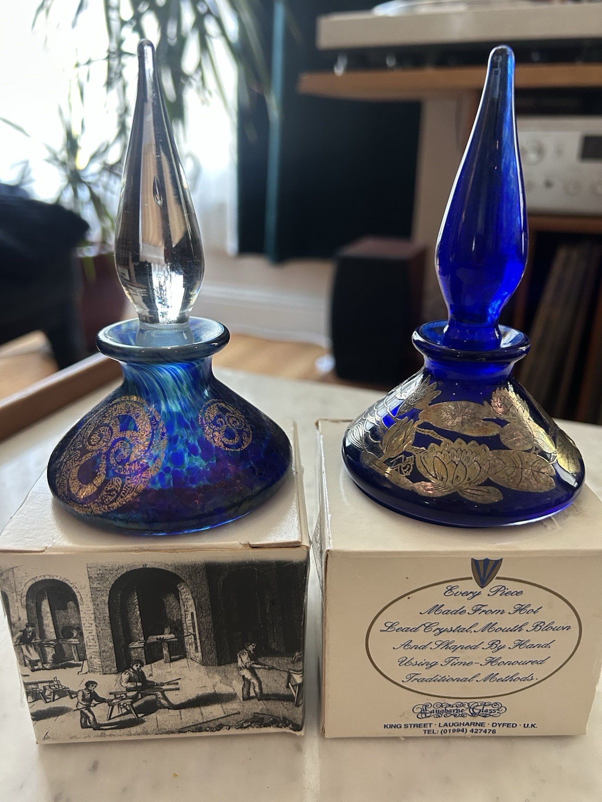 Vintage Laugharne Glass Studio Perfume Bottle Set Boxed Iridescent Cobalt Silver