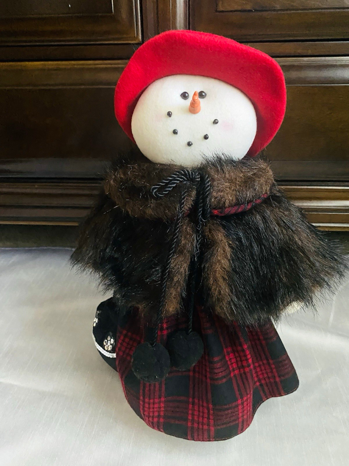 Hobby Lobby Snowman Figurine Plush Faux Fur Cape Plaid Skirt Red Hat Christmas