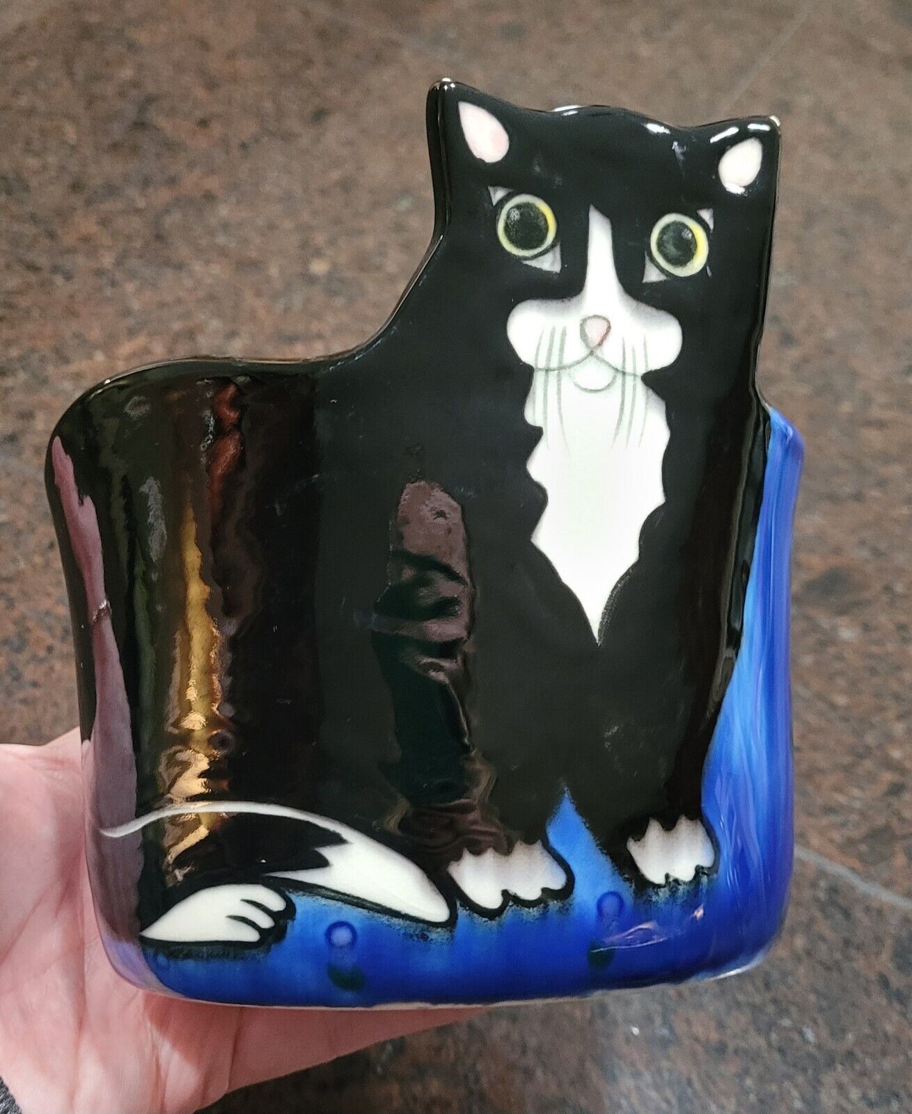 Andrea West Sigma Tastesetter Blue Black Ceramic Cat Planter Vessel Pot 5x4