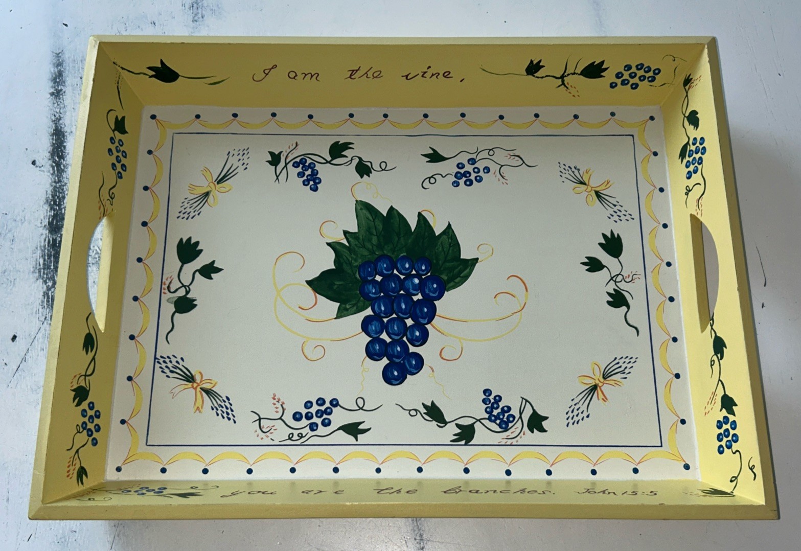 Religious Wooden Serving Tray HandPainted Grapevine Design I Am The Vine 16.75”L