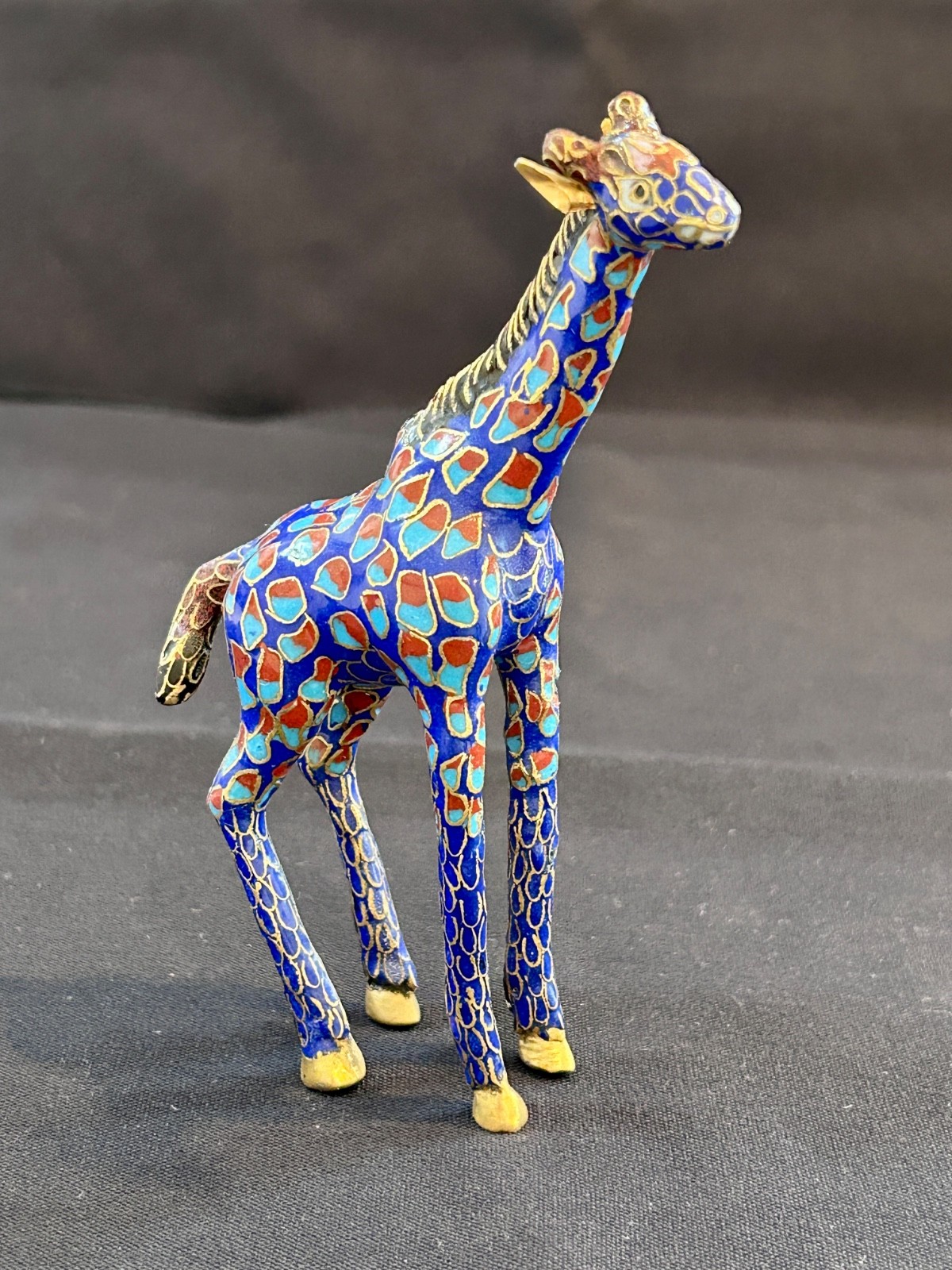 Vintage Cloisonne Style Giraffe Figurine 5” Blue Enamel Gold Trim Chinese Animal