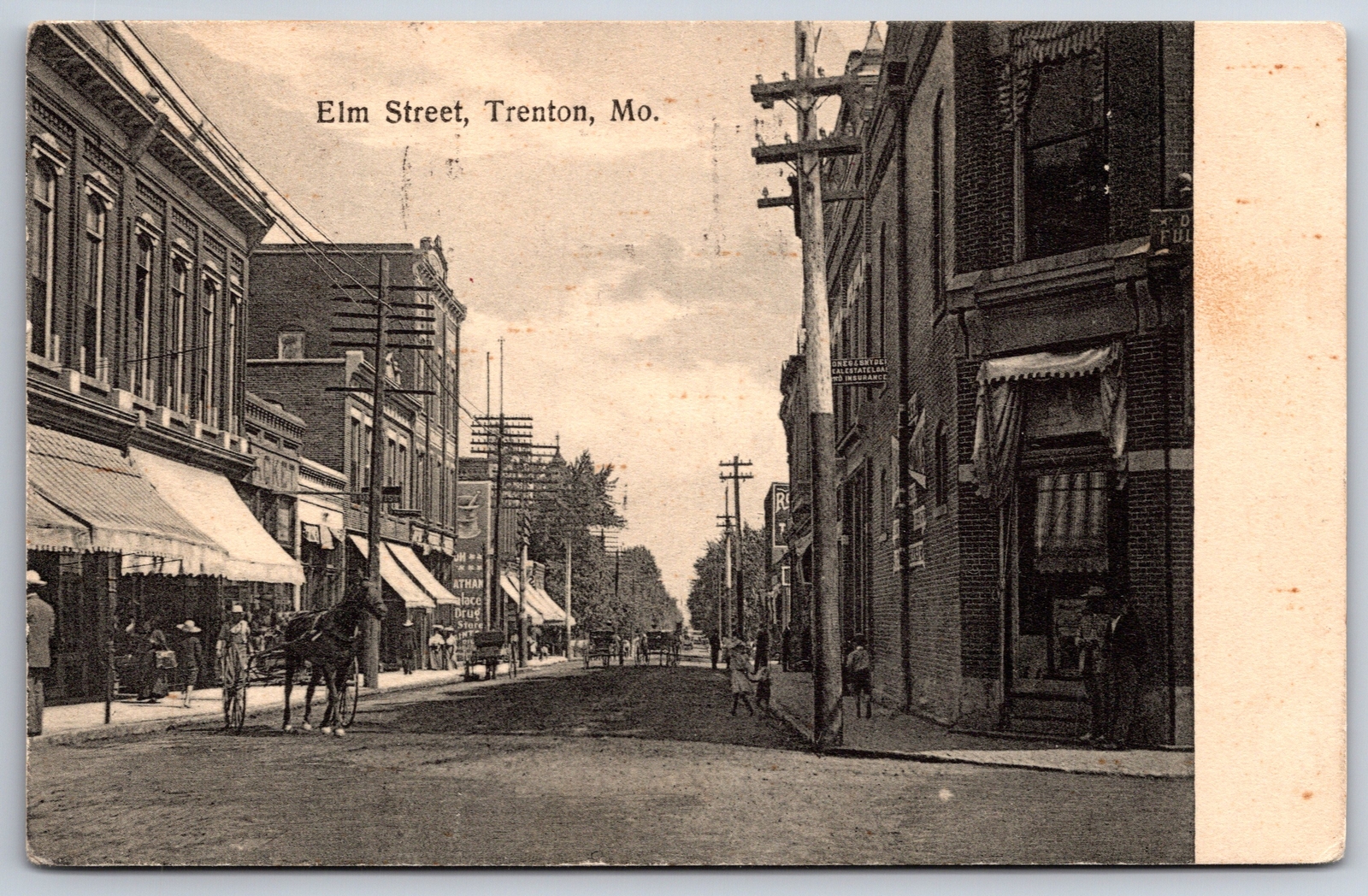 Trenton Missouri~Elm Street Racket Store~Snyder Real Estate~Horse Buggy~1908 B&W