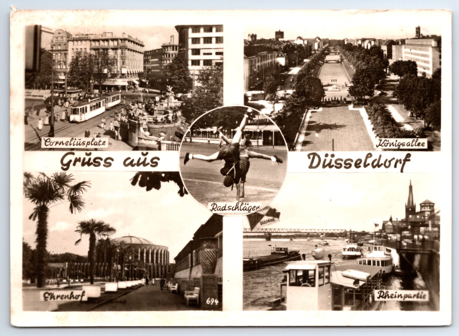 VINTAGE CONTINENTAL SIZE REAL PHOTO POSTCARD MULTIPLE SCENES DUSSELDORF 1955