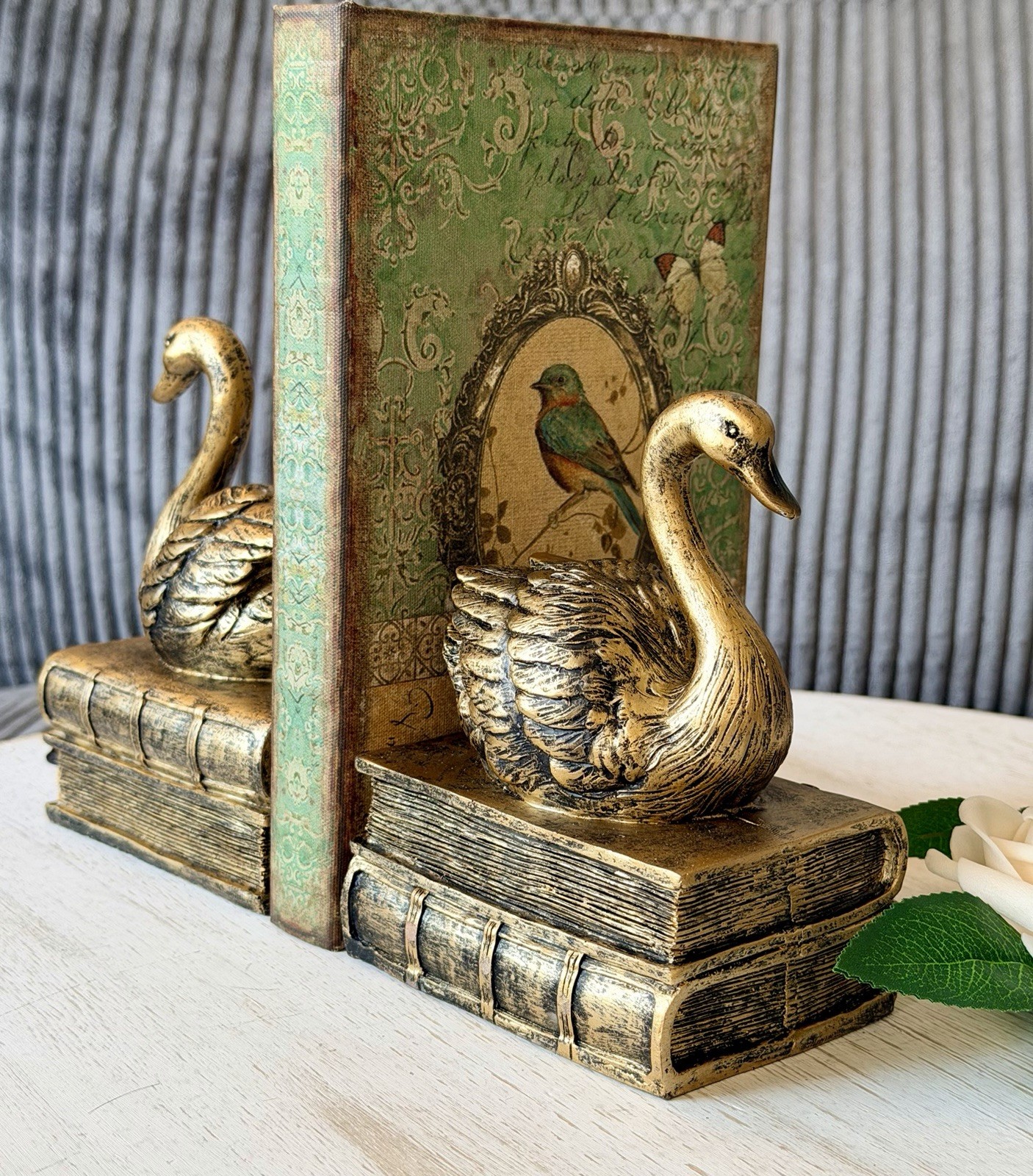 Vintage Style Art Deco Pair Of Gold Swan On Book Bookends Gold Swan Shelf Decor Vintage Style Art Deco Pair Of Gold Swan On Book Bookends Gold Swan Shelf Decor
