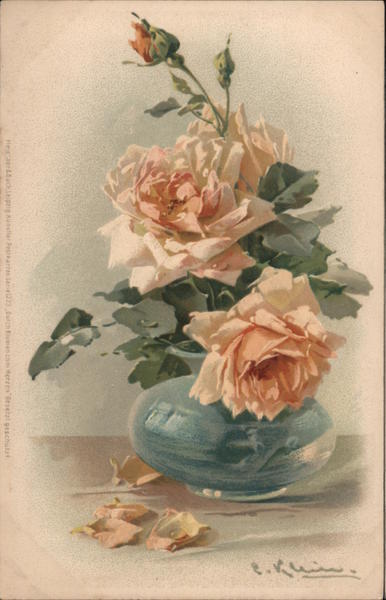 C. Klein Pink Flowers in Blue Vase Postcard Vintage Post Card