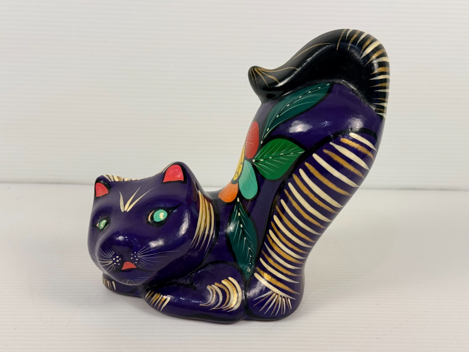 Mexican TALAVERA Pottery Black Kitty Cat Figurine Folk Art Colorful Handpainted