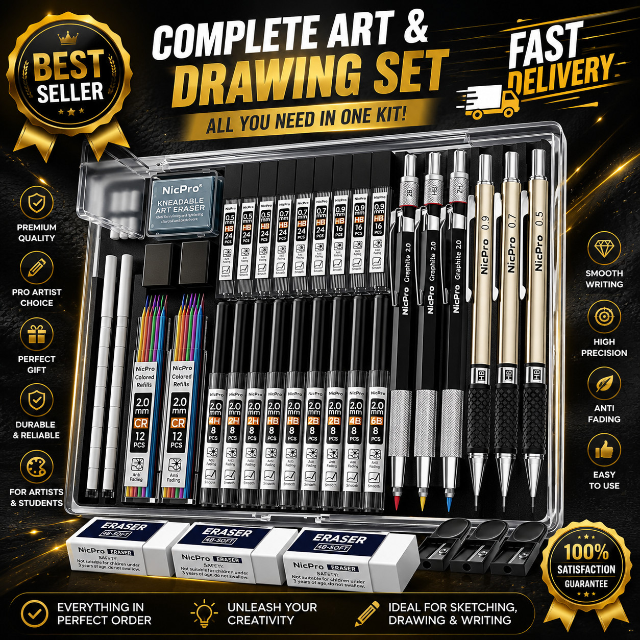 Nicpro 35PCS Art Mechanical Pencil Set, 3 PCS Metal Drafting Pencil 0.5 Mm & 0.7