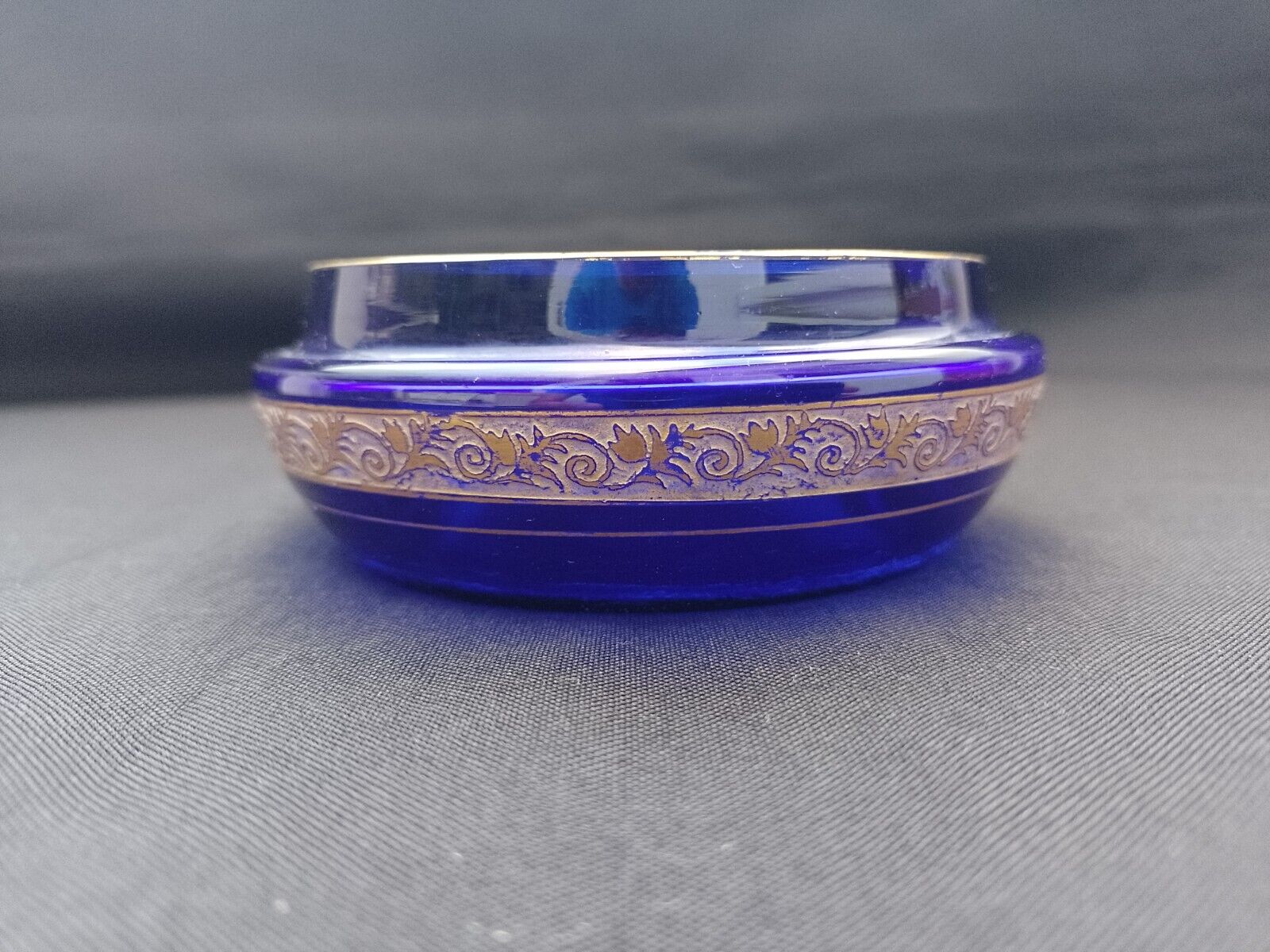 1930s Moser Karlsbad Oroplastic Art Glass Cobalt Blue Flower Gilt Frieze Bowl