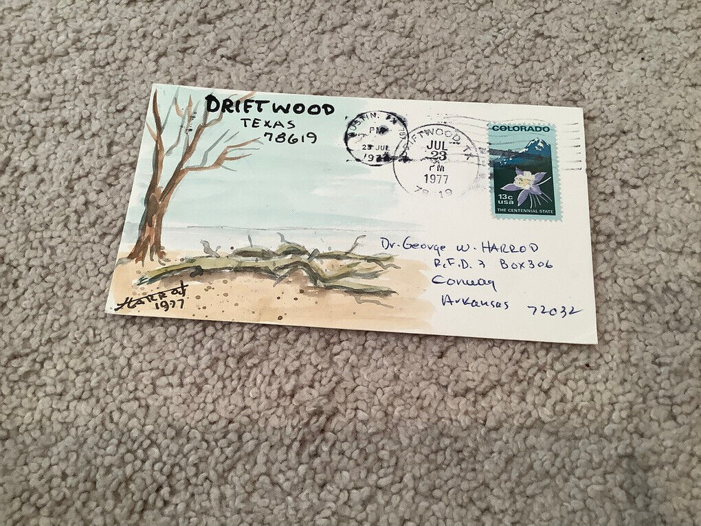 1977 DRIFTWOOD, Texas: Signed FOLK ART WATERCOLOR Postal Cover GEORGE HARROD