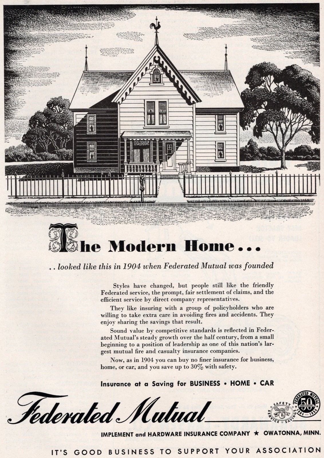 1954 Print Ad of Federated Mutual Insurance 1904 Modern Home