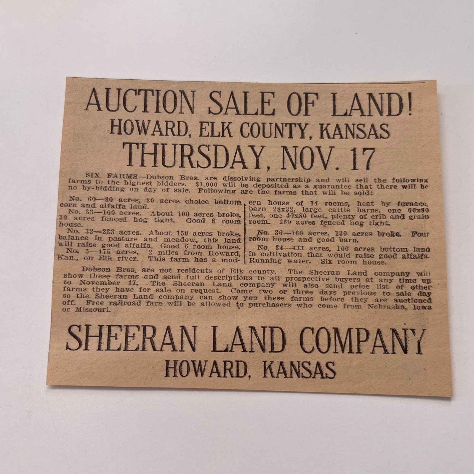 Sheeran Land Company Auction Sale Howard KS 1910 Nebraska Farming Ad SAG9-H5 Sheeran Land Company Auction Sale Howard KS 1910 Nebraska Farming Ad SAG9-H5