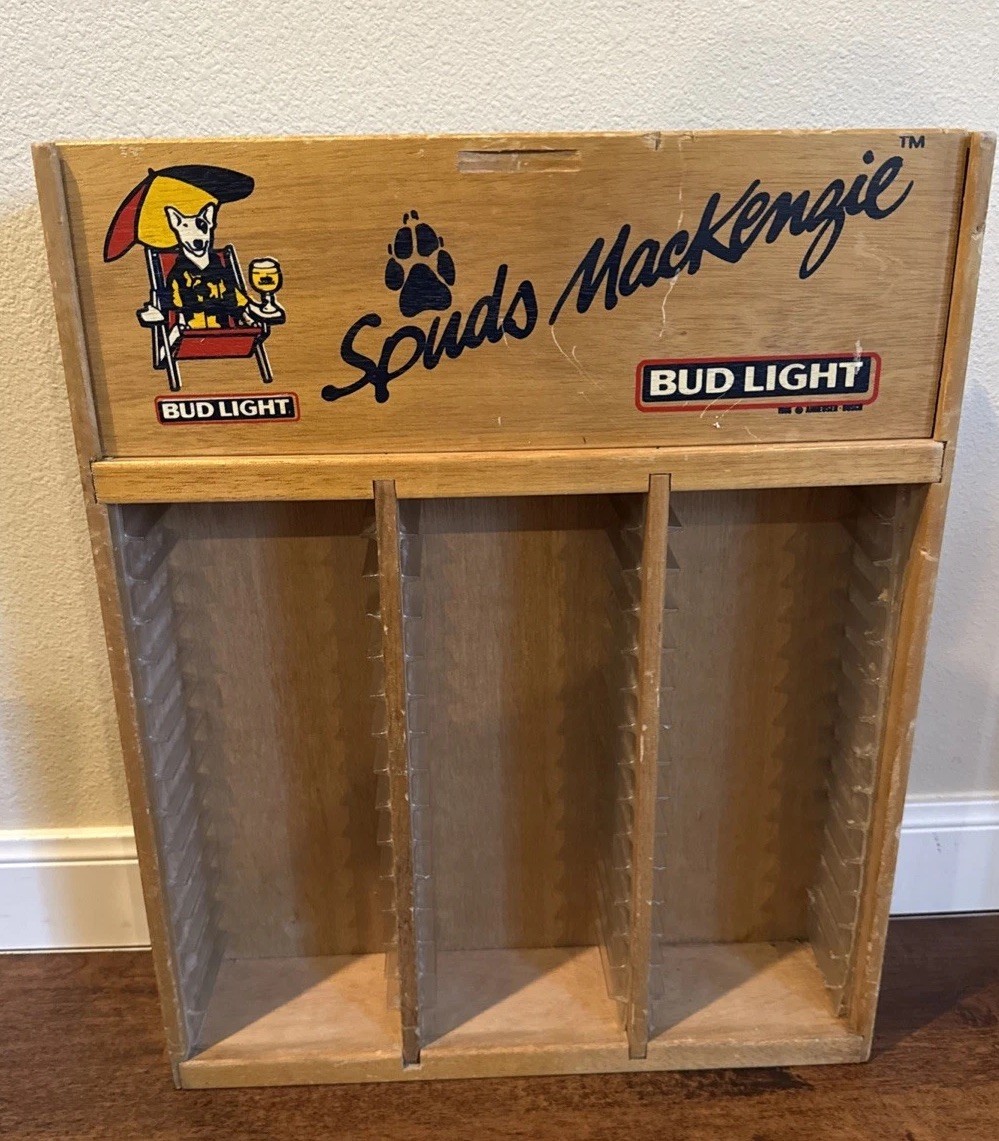 Vintage Bud Light Spuds MacKenzie Wood Cassette Tape Holder Storage 15 x 19”