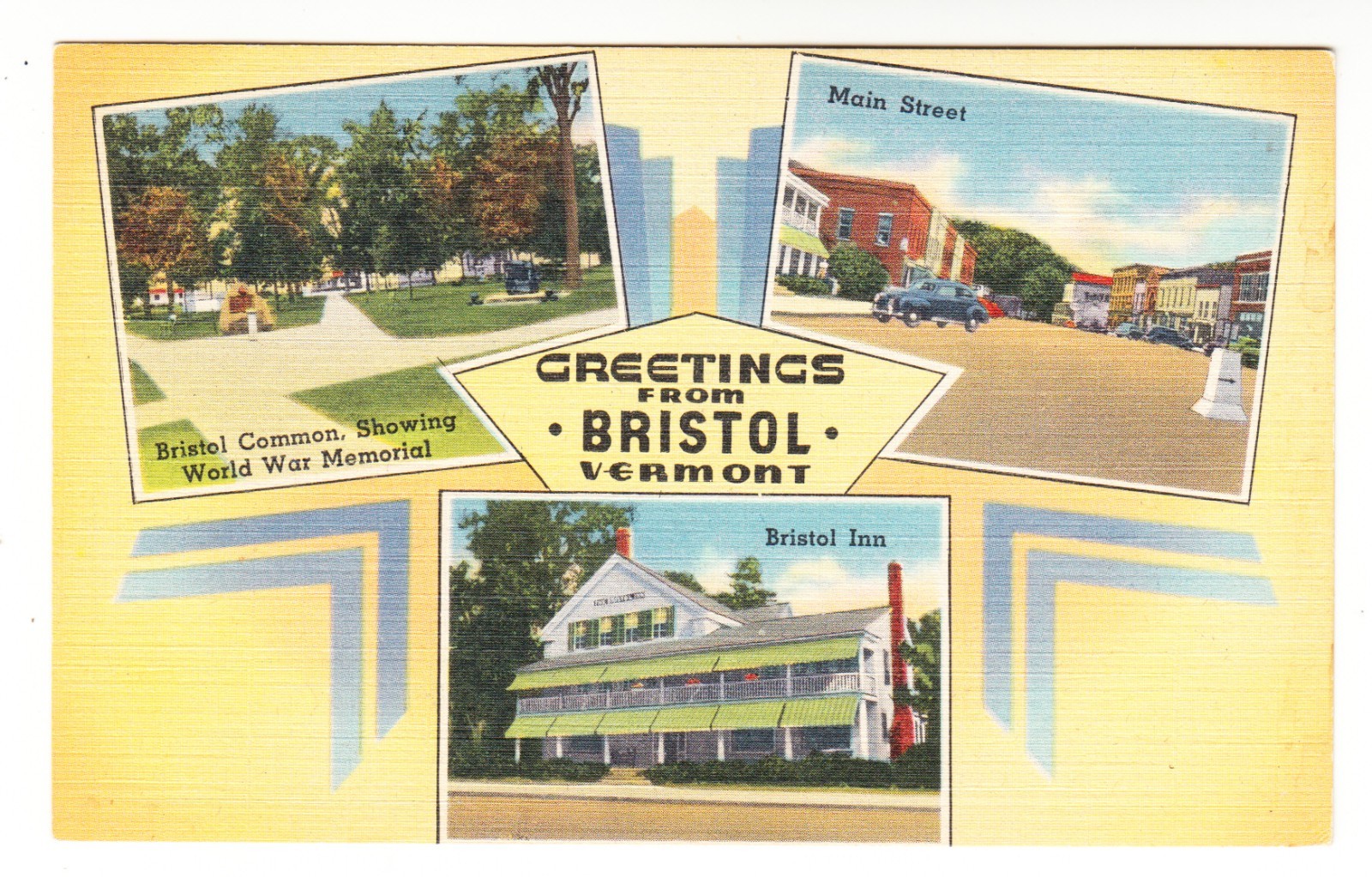 c. 1940s Greetings from Bristol Vermont Main Street Bristol Inn Tichnor Linen Po
