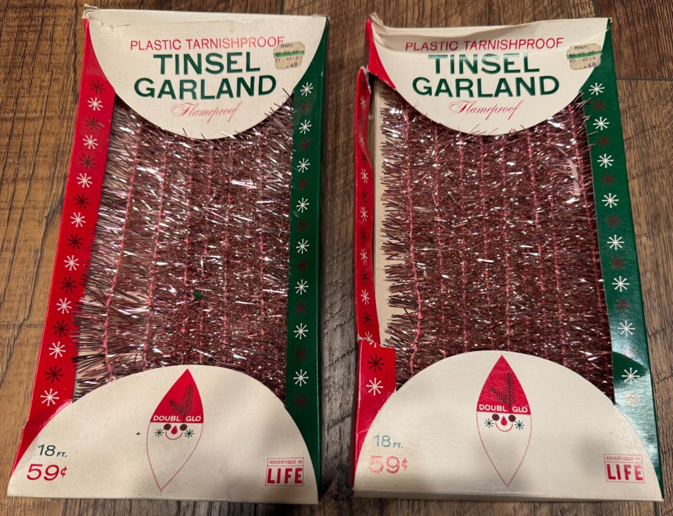 VTG 1961 Double Glo Pink Tinsel Garland 2 Boxes Flame/Tarnish Proof Deco