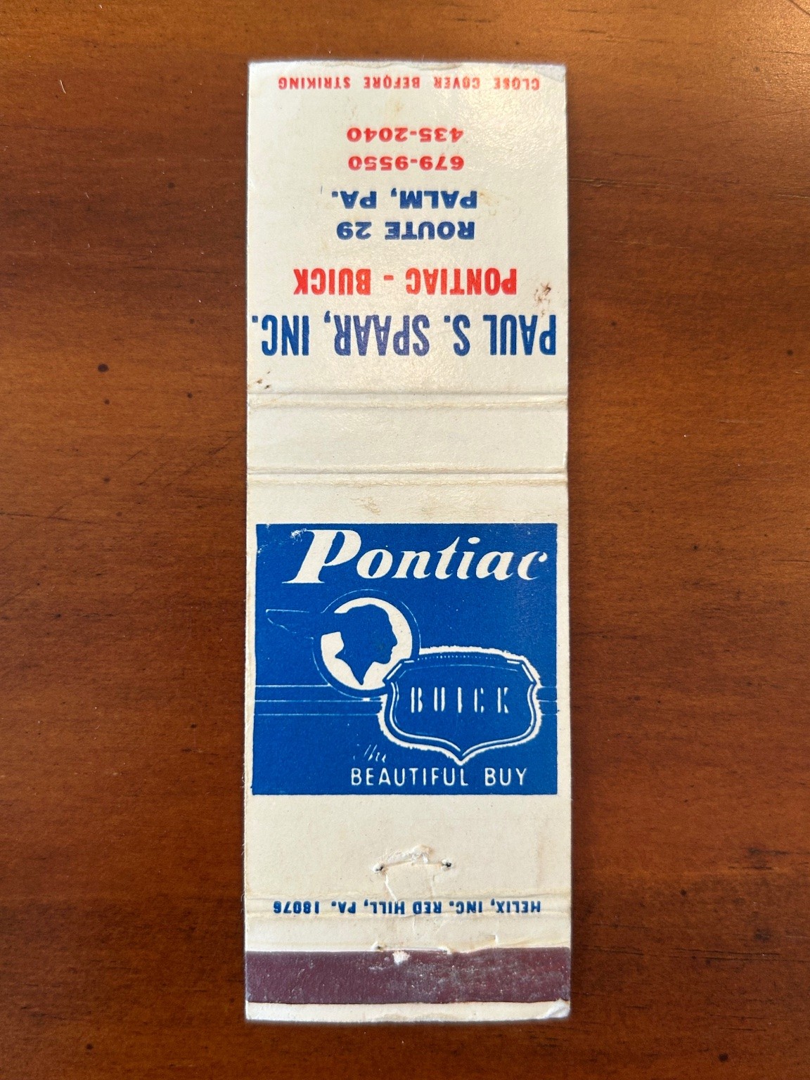 Vintage Pontiac Buick Dealership Matchbook Paul S. Spar Palm PA Auto Advertising