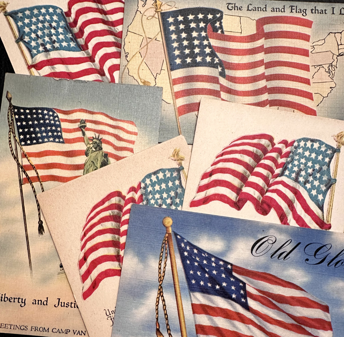 SIX VINTAGE US PATRIOTIC POSTCARDS WITH RED WHITE & BLUE FLAG OR REVERSE FLAG