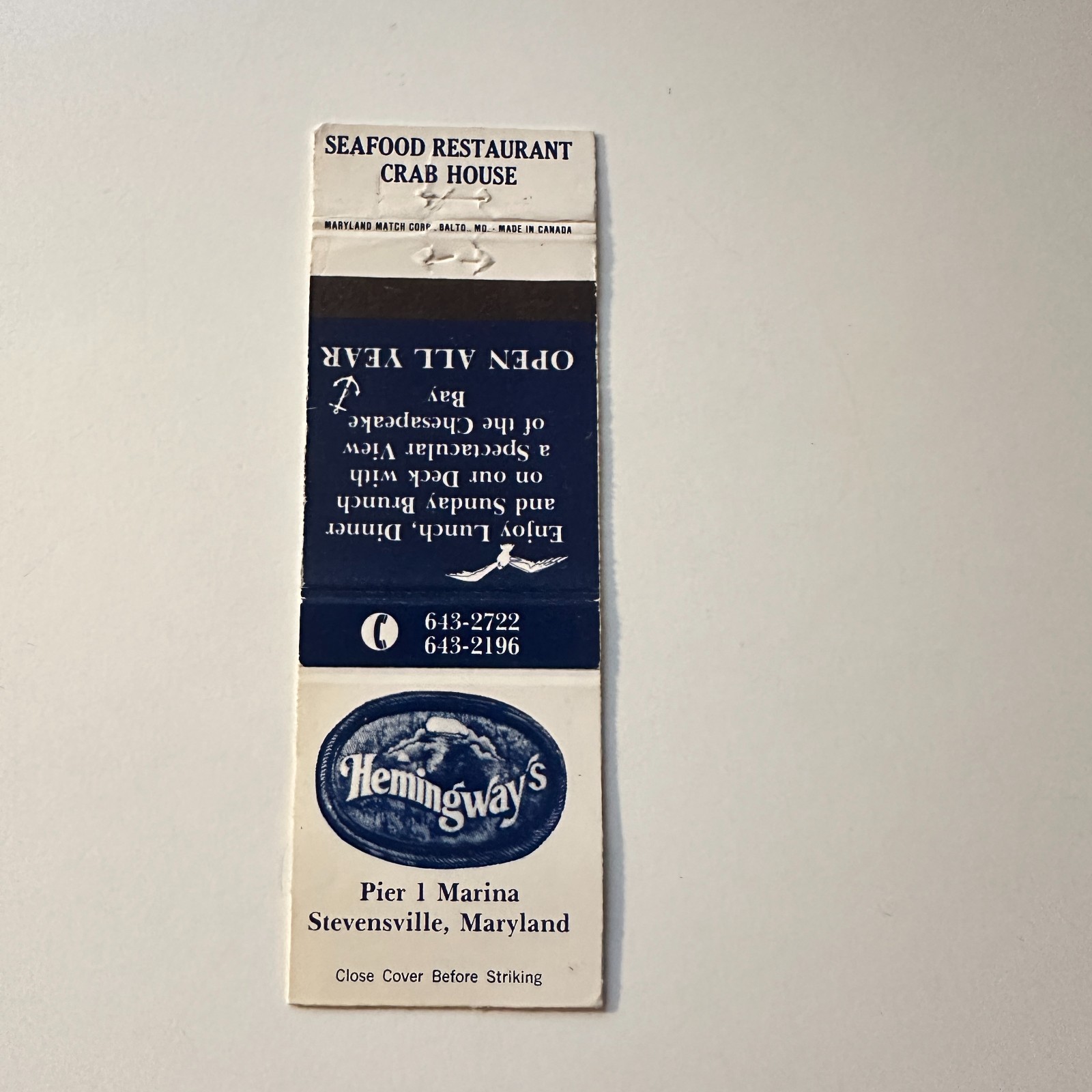 Hemingway\'s Pier 1 Marina Stevensville MD Vintage Matchbook Cover 5MB126-2