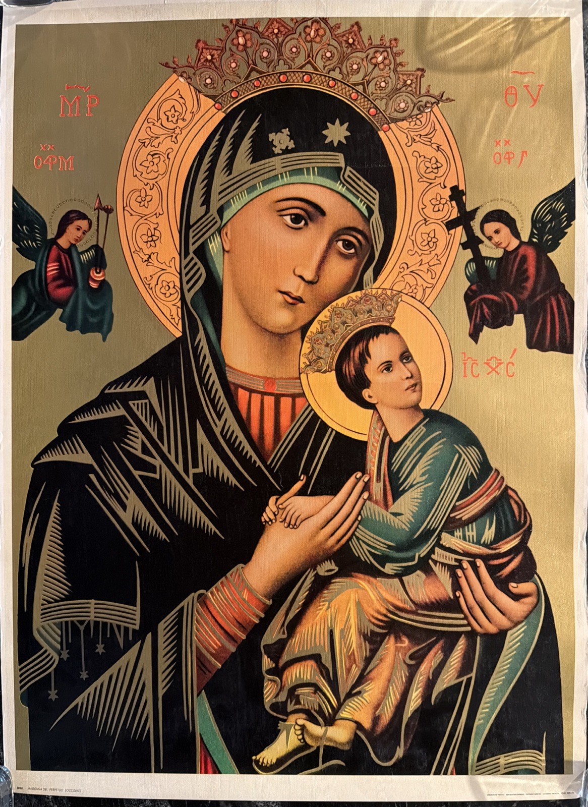 Vintage Madonna Del Perpetuo Sorccorso Oleograph-Edizioni G. M. Milano 29x21” XL