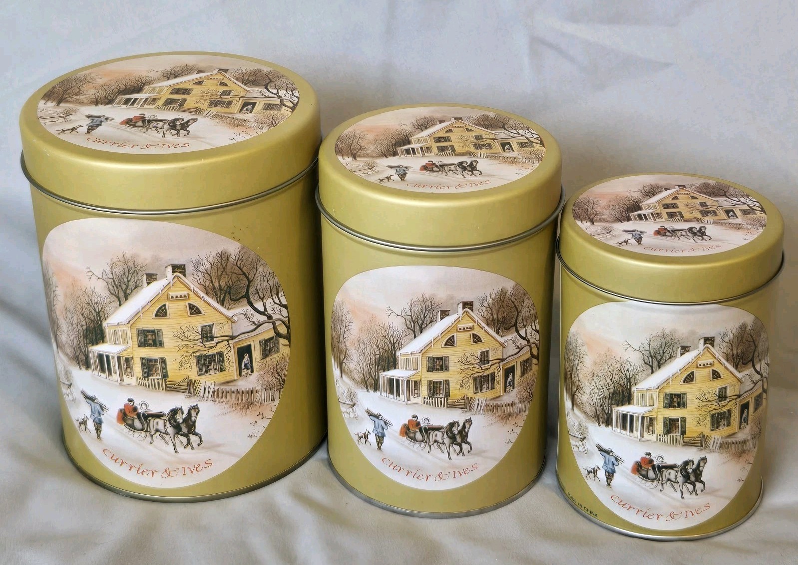 Vintage Currier & Ives 3 Pc Nesting Tin Canister Set Winter Scene Kitchen NOS