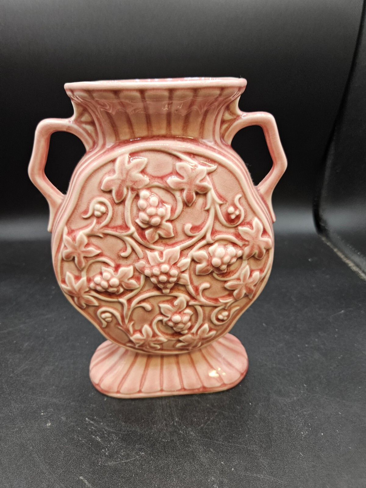 VTG. Ceramic Pottery 2-handled Vase Pink w/Grape Pattern Germany