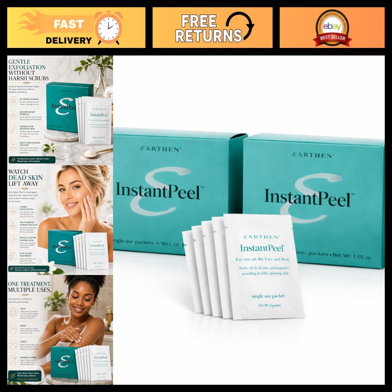 Earthen Instant Peel Exfoliating Packets 2 Pack – Gentle Face & Body Exfoliator