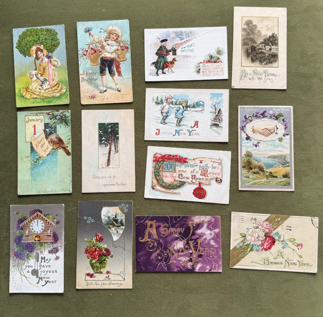 Antique New Year Postcard Lot 13 Gilt Winsch 1912 Panama-Pacific Expo Cancel Antique New Year Postcard Lot 13 Gilt Winsch 1912 Panama-Pacific Expo Cancel