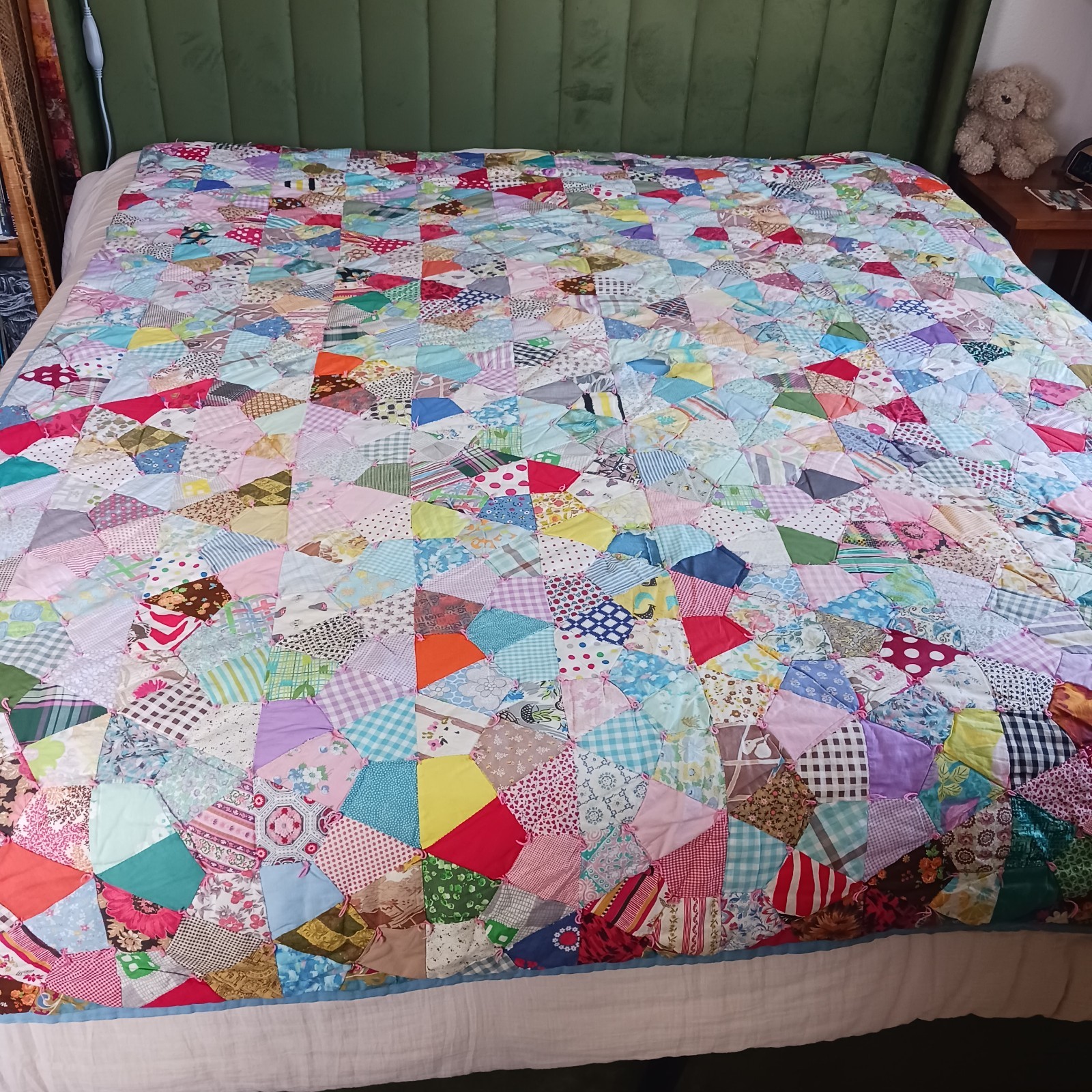 Vintage Homemade Hexi Cotton Patchwork Quilt